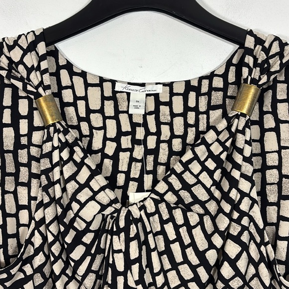 Kenneth Cole 3X Sleeveless Gathered Front Fitted Midi Dress Black Tan Print NWT - Picture 8 of 11